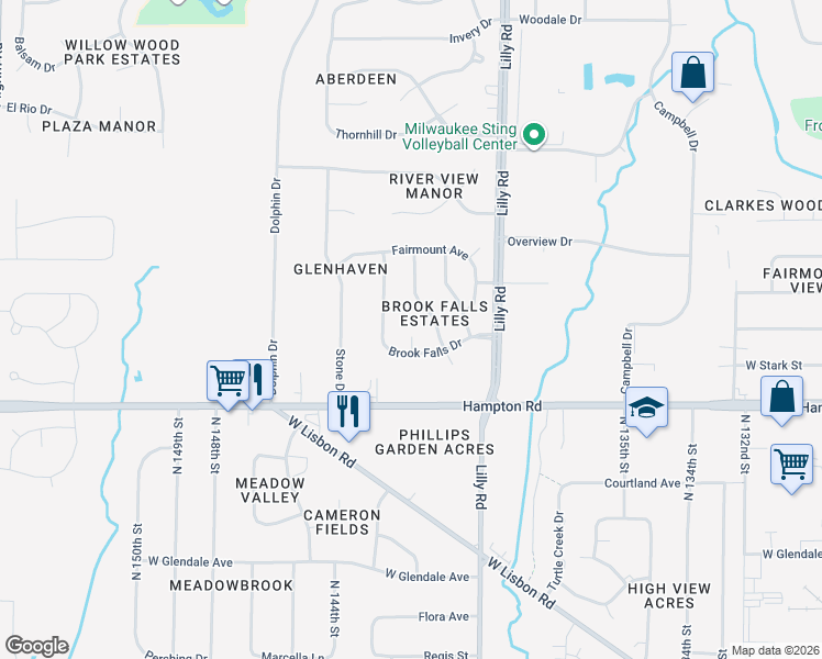 map of restaurants, bars, coffee shops, grocery stores, and more near W142N4910 Golden Fields Drive in Menomonee Falls