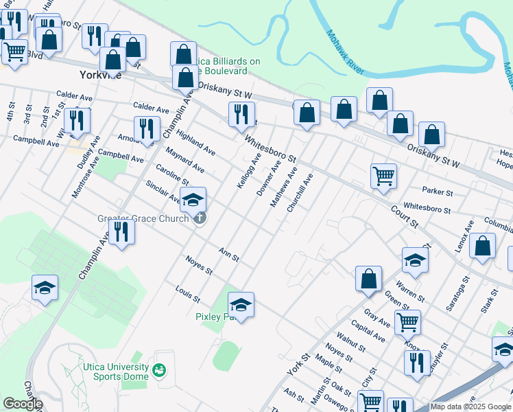 map of restaurants, bars, coffee shops, grocery stores, and more near 1009 Downer Avenue in Utica