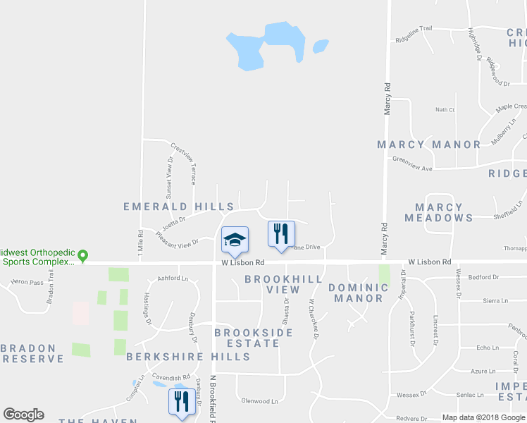 map of restaurants, bars, coffee shops, grocery stores, and more near N49W18590 Wildlife Lane in Menomonee Falls