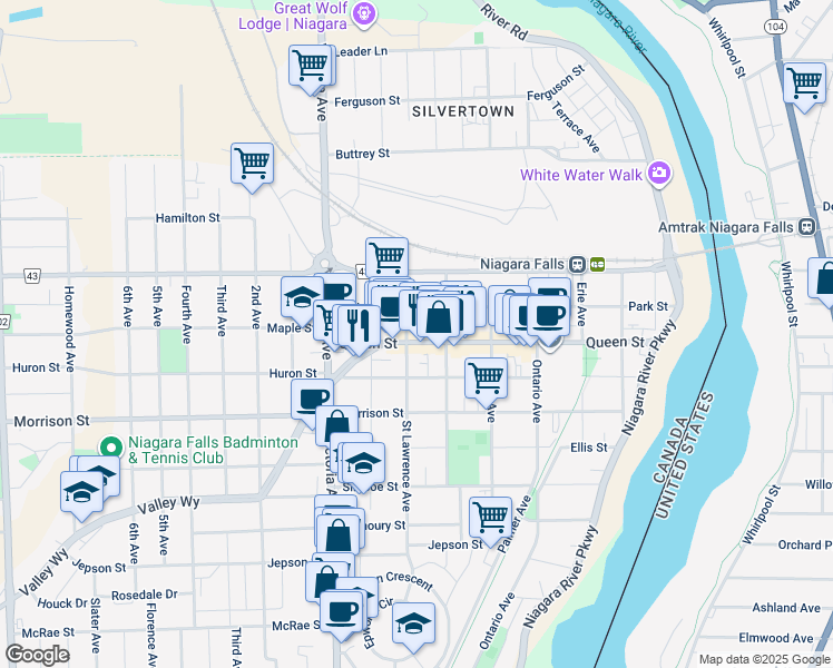 map of restaurants, bars, coffee shops, grocery stores, and more near in Niagara Falls