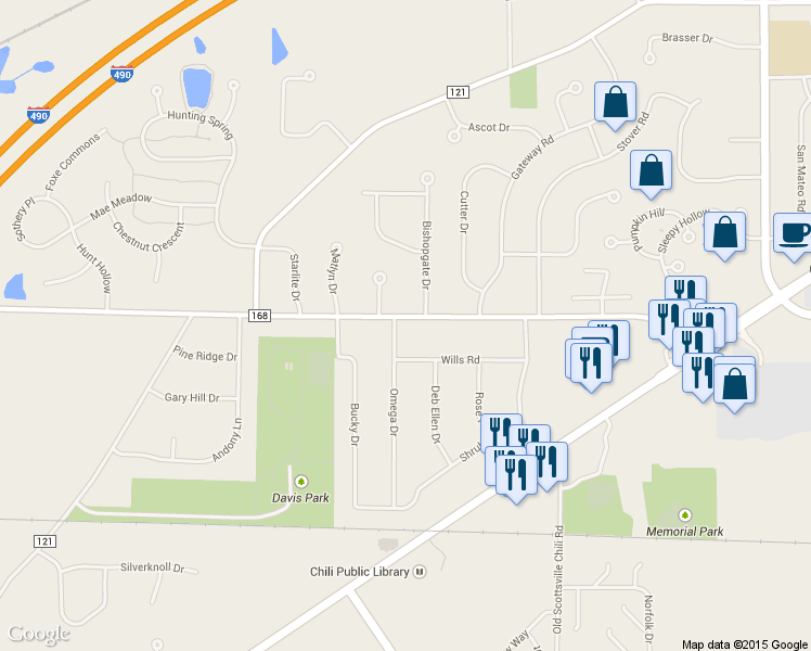map of restaurants, bars, coffee shops, grocery stores, and more near 2 Omega Drive in Rochester