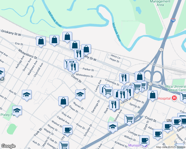 map of restaurants, bars, coffee shops, grocery stores, and more near 1124 Whitesboro Street in Utica