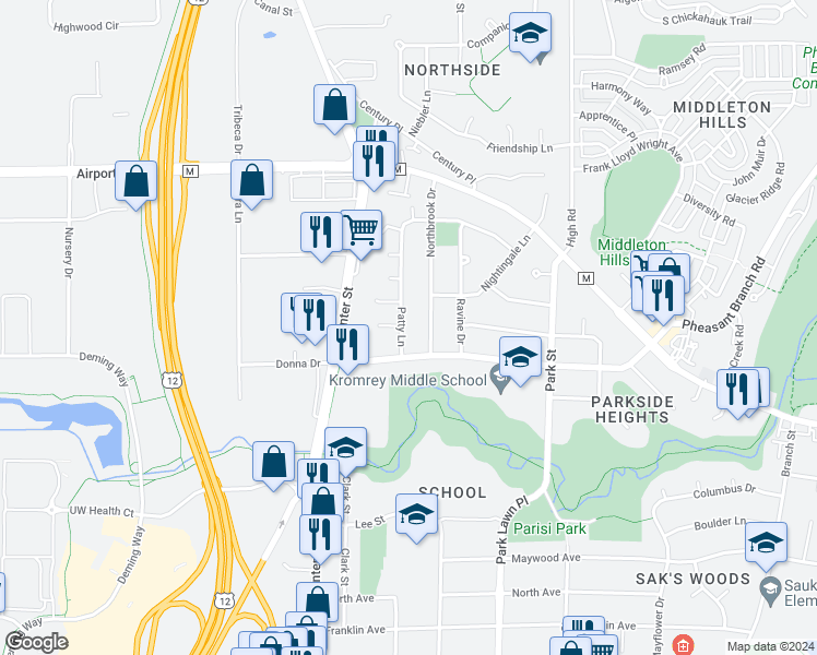 map of restaurants, bars, coffee shops, grocery stores, and more near 2911 Patty Lane in Middleton