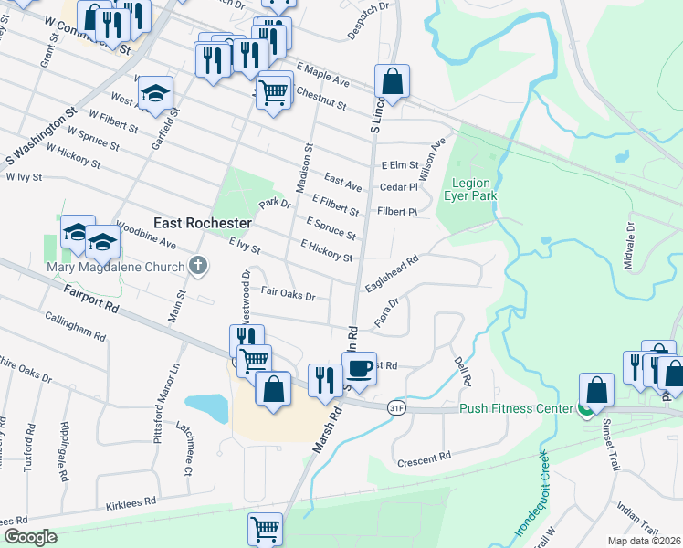 map of restaurants, bars, coffee shops, grocery stores, and more near 217 Northwood Ave in East Rochester