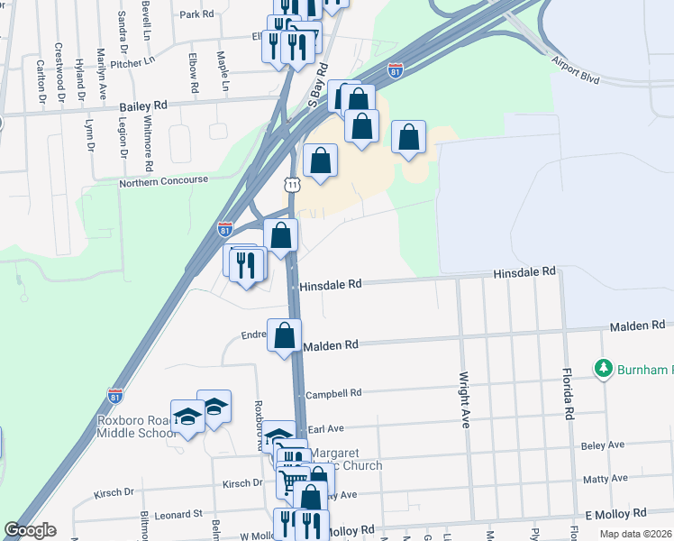 map of restaurants, bars, coffee shops, grocery stores, and more near 111 Hinsdale Road in Syracuse