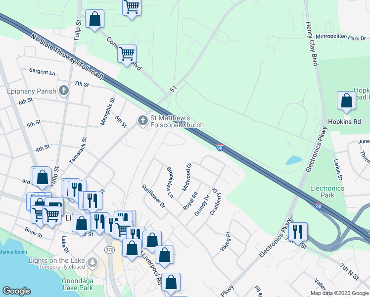 map of restaurants, bars, coffee shops, grocery stores, and more near 641 Sunflower Drive in Liverpool