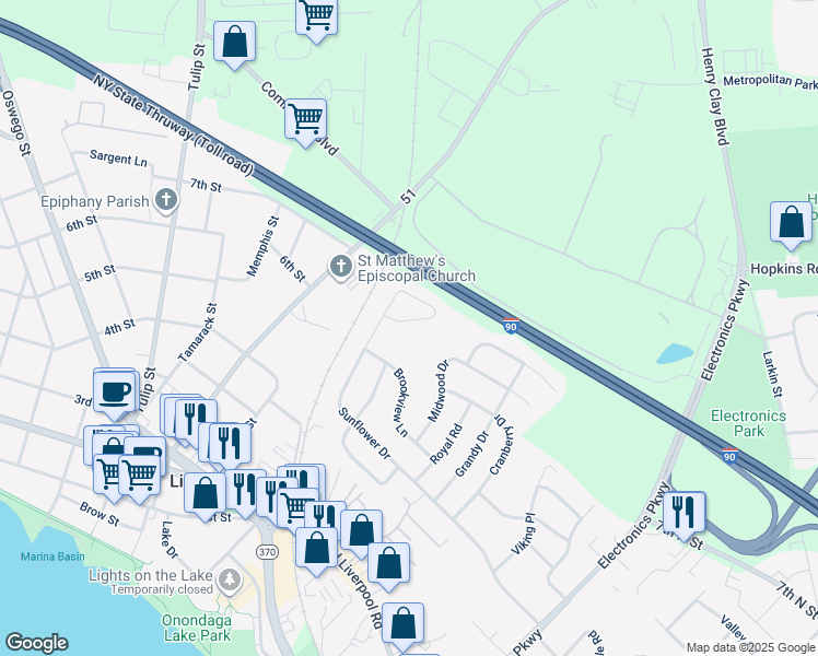 map of restaurants, bars, coffee shops, grocery stores, and more near 653 Sunflower Drive in Liverpool