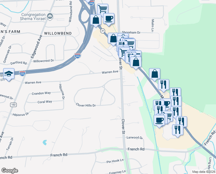 map of restaurants, bars, coffee shops, grocery stores, and more near 91 Clover Hills Drive in Rochester