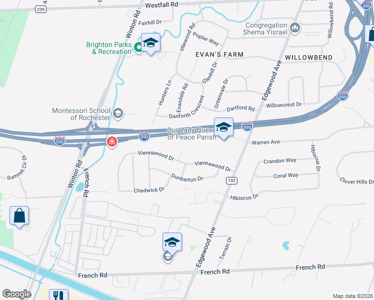 map of restaurants, bars, coffee shops, grocery stores, and more near 25 Turnabout Lane in Rochester