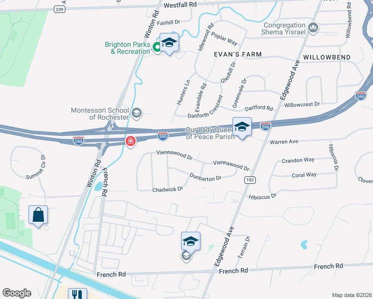 map of restaurants, bars, coffee shops, grocery stores, and more near 140 Viennawood Drive in Rochester