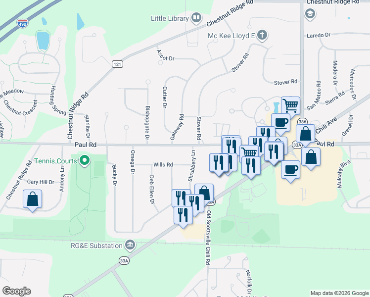 map of restaurants, bars, coffee shops, grocery stores, and more near 907 County Route 168 in Rochester