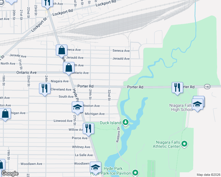map of restaurants, bars, coffee shops, grocery stores, and more near 2967 New York 182 in Niagara Falls