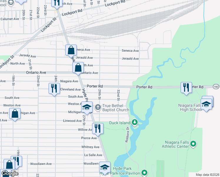 map of restaurants, bars, coffee shops, grocery stores, and more near 2929 Porter Road in Niagara Falls