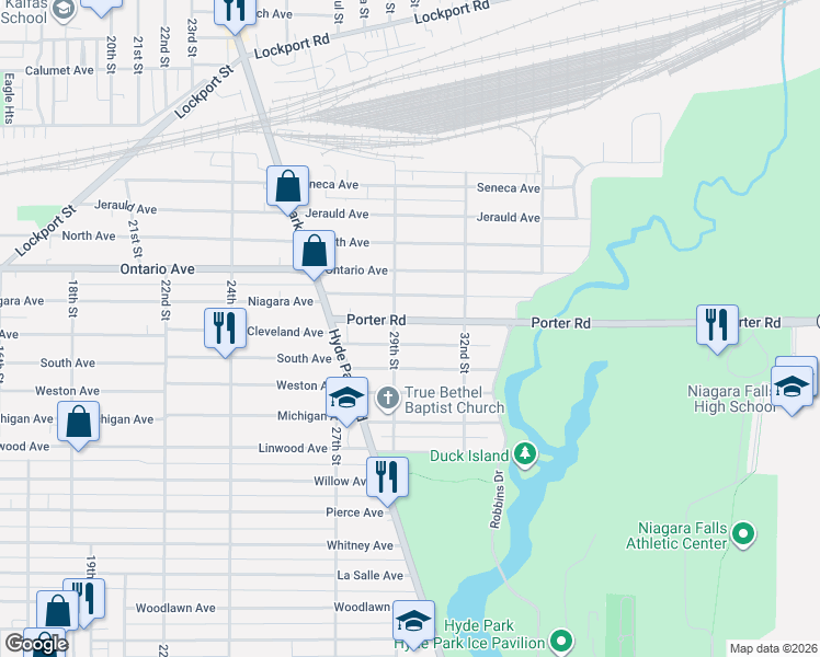map of restaurants, bars, coffee shops, grocery stores, and more near 2929 Porter Road in Niagara Falls