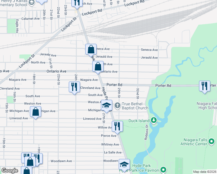 map of restaurants, bars, coffee shops, grocery stores, and more near 1941 Hyde Park Boulevard in Niagara Falls