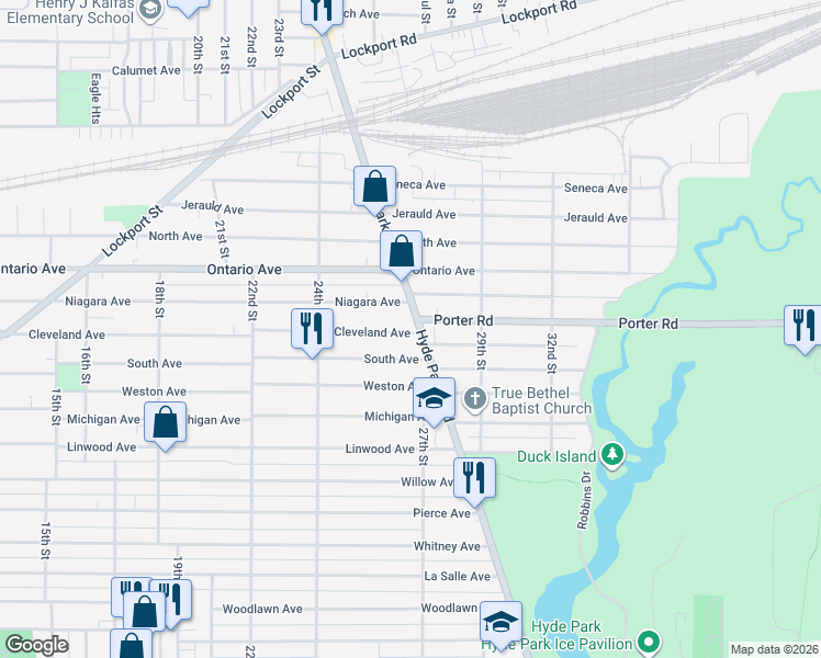 map of restaurants, bars, coffee shops, grocery stores, and more near 2476 Cleveland Avenue in Niagara Falls