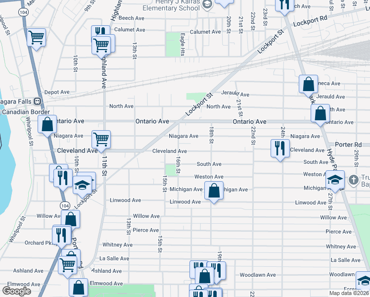 map of restaurants, bars, coffee shops, grocery stores, and more near 2011 16th Street in Niagara Falls