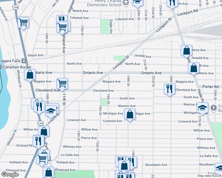 map of restaurants, bars, coffee shops, grocery stores, and more near 2011 16th Street in Niagara Falls