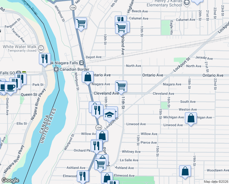 map of restaurants, bars, coffee shops, grocery stores, and more near 1036 Cleveland Avenue in Niagara Falls