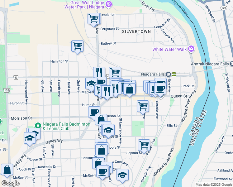 map of restaurants, bars, coffee shops, grocery stores, and more near in Niagara Falls