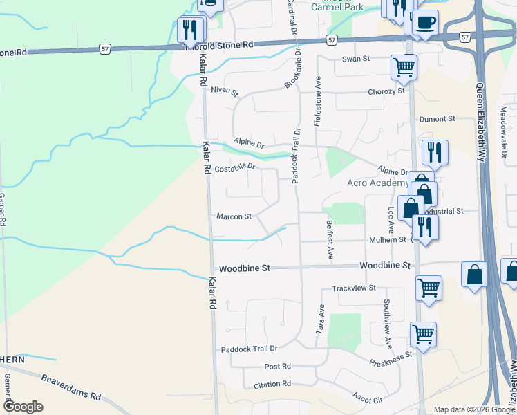 map of restaurants, bars, coffee shops, grocery stores, and more near 8103 Marcon Street in Niagara Falls
