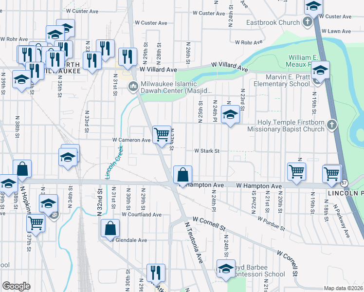 map of restaurants, bars, coffee shops, grocery stores, and more near 4914 North 26th Street in Milwaukee