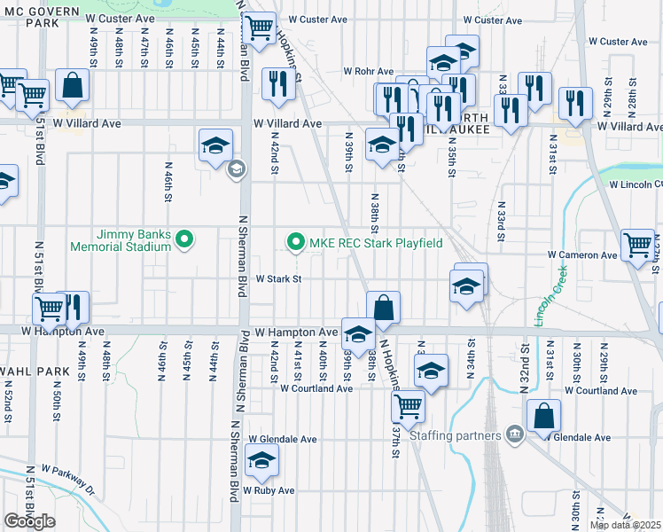 map of restaurants, bars, coffee shops, grocery stores, and more near 4921 North 40th Street in Milwaukee