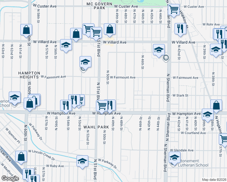 map of restaurants, bars, coffee shops, grocery stores, and more near 4914 North 50th Street in Milwaukee
