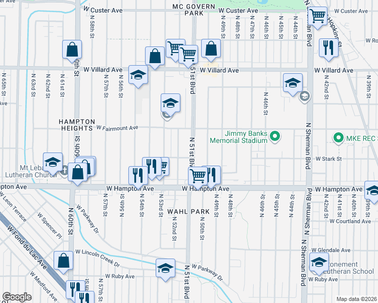 map of restaurants, bars, coffee shops, grocery stores, and more near 4921 North 51st Boulevard in Milwaukee