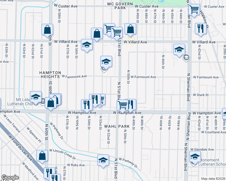 map of restaurants, bars, coffee shops, grocery stores, and more near 4919 North 52nd Street in Milwaukee