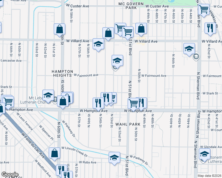 map of restaurants, bars, coffee shops, grocery stores, and more near 4916-4918 North 54th Street in Milwaukee