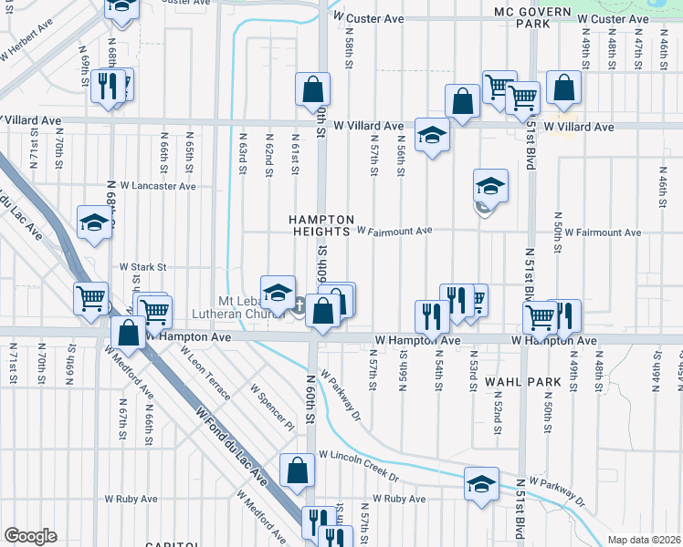 map of restaurants, bars, coffee shops, grocery stores, and more near 4915 North 58th Street in Milwaukee