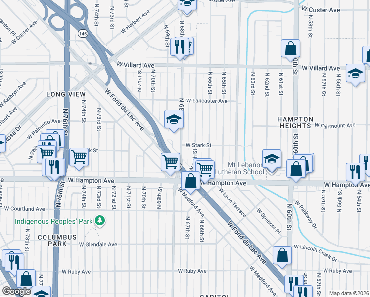 map of restaurants, bars, coffee shops, grocery stores, and more near 4896 North 68th Street in Milwaukee