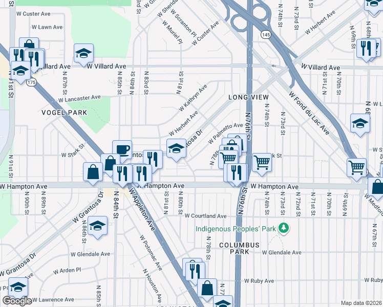 map of restaurants, bars, coffee shops, grocery stores, and more near 7902 West Palmetto Avenue in Milwaukee
