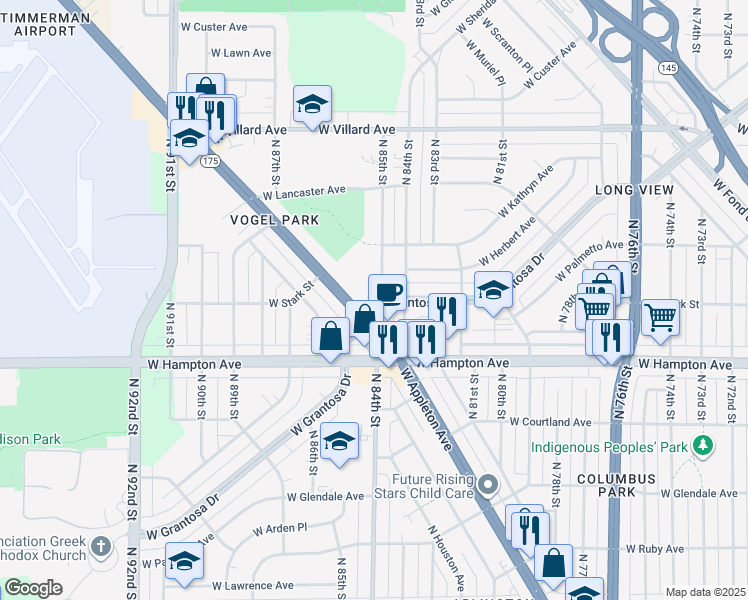 map of restaurants, bars, coffee shops, grocery stores, and more near 4903 North 85th Street in Milwaukee