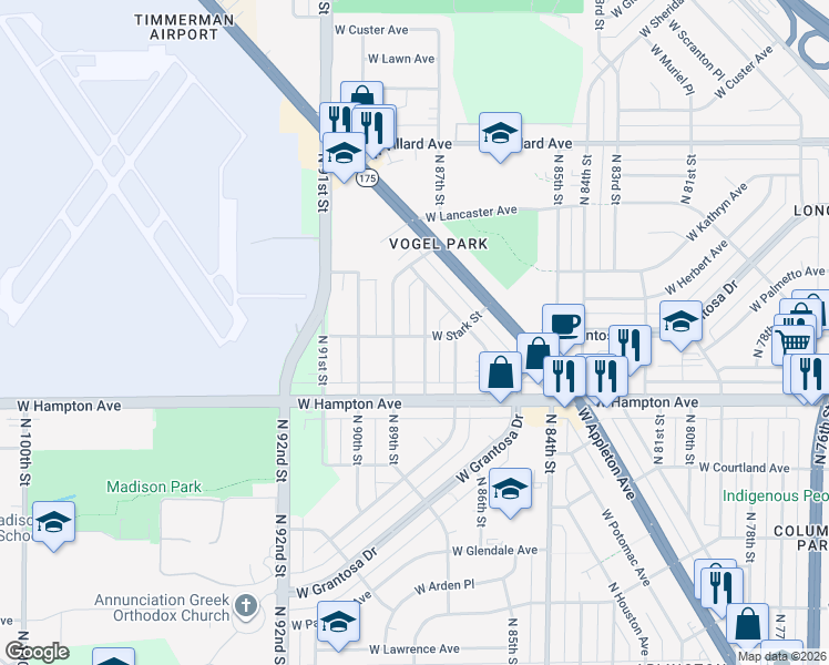 map of restaurants, bars, coffee shops, grocery stores, and more near 4900 North 89th Street in Milwaukee
