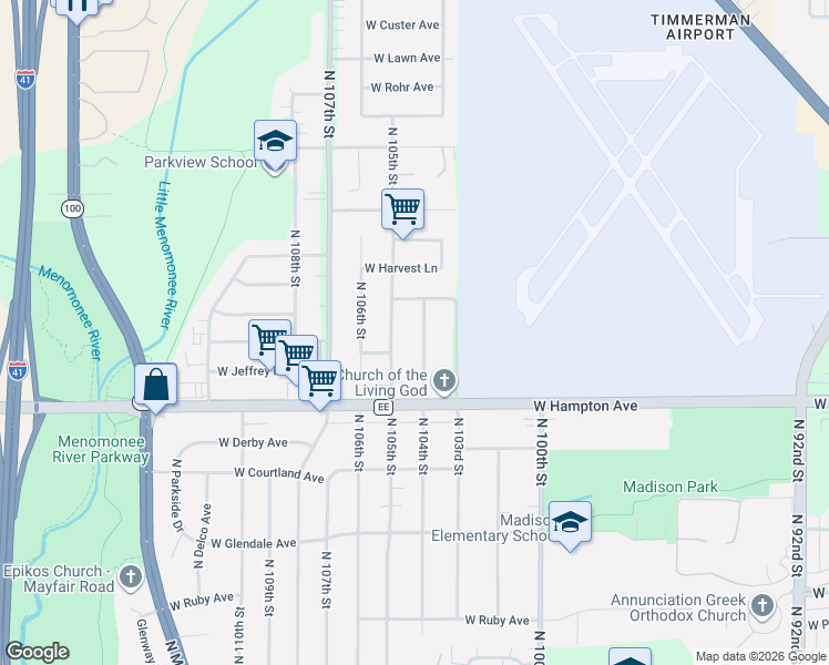 map of restaurants, bars, coffee shops, grocery stores, and more near 4907 North 104th Street in Milwaukee