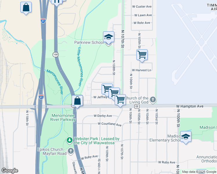 map of restaurants, bars, coffee shops, grocery stores, and more near 10906 West Stark Street in Milwaukee