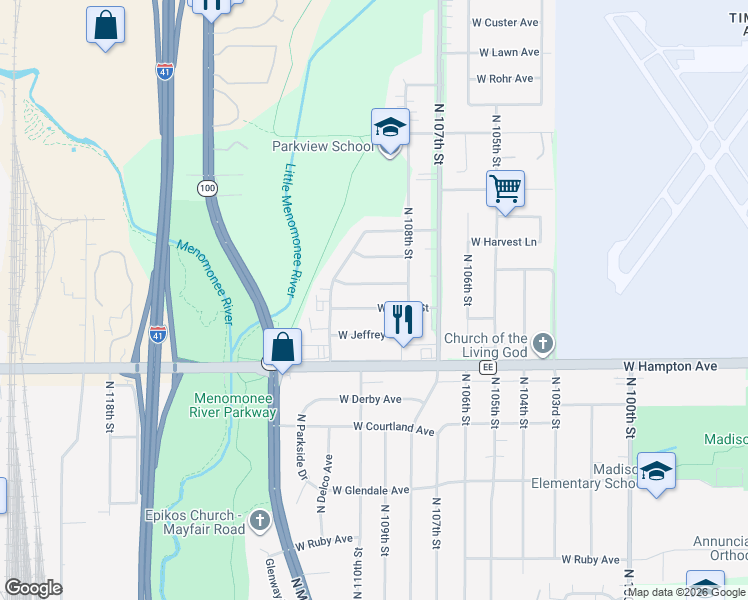 map of restaurants, bars, coffee shops, grocery stores, and more near 10906 West Stark Street in Milwaukee