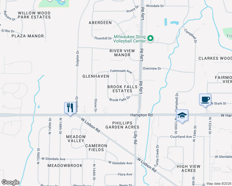 map of restaurants, bars, coffee shops, grocery stores, and more near W142N4910 Golden Fields Drive in Menomonee Falls