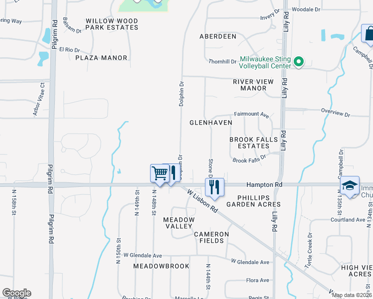 map of restaurants, bars, coffee shops, grocery stores, and more near W147N4924 Dolphin Drive in Menomonee Falls