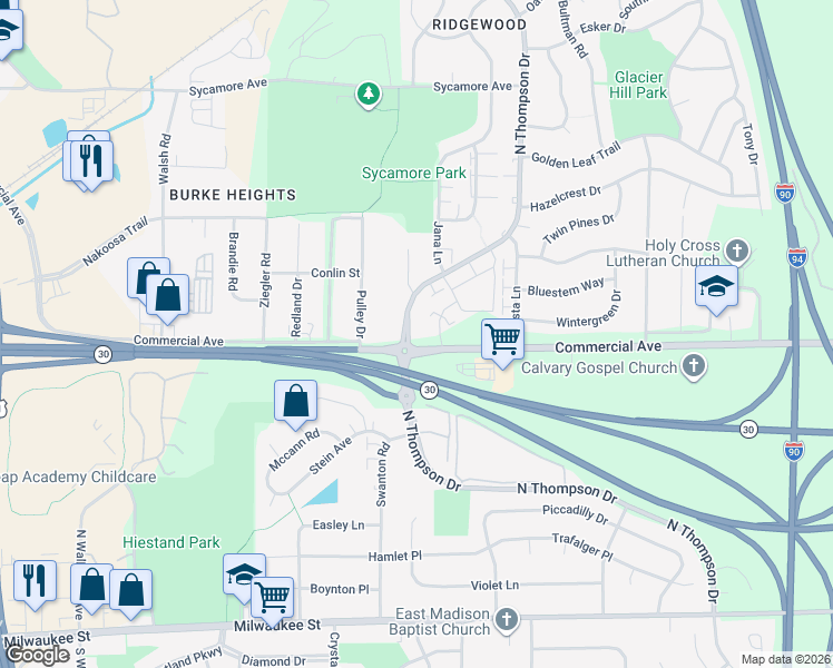 map of restaurants, bars, coffee shops, grocery stores, and more near 743 Commercial Avenue in Madison