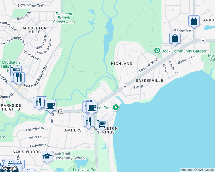 map of restaurants, bars, coffee shops, grocery stores, and more near 2921 Marina Drive in Middleton