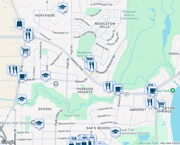 map of restaurants, bars, coffee shops, grocery stores, and more near 6712 Frank Lloyd Wright Avenue in Middleton