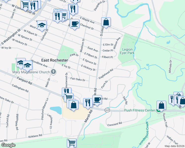 map of restaurants, bars, coffee shops, grocery stores, and more near 217 Northwood Avenue in East Rochester