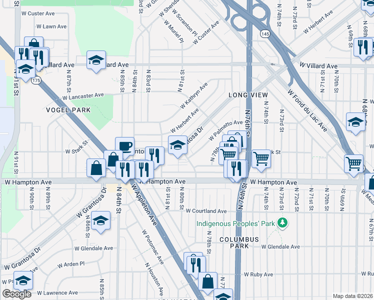 map of restaurants, bars, coffee shops, grocery stores, and more near 7902 West Palmetto Avenue in Milwaukee