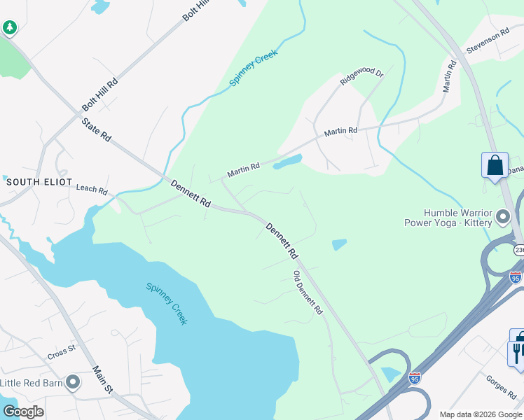 map of restaurants, bars, coffee shops, grocery stores, and more near 132 Dennett Rd in Kittery