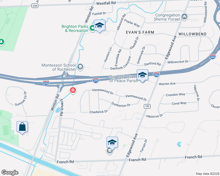 map of restaurants, bars, coffee shops, grocery stores, and more near 140 Viennawood Drive in Rochester