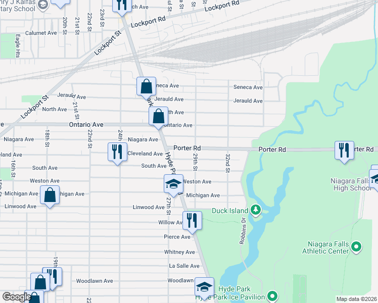 map of restaurants, bars, coffee shops, grocery stores, and more near 2653 Porter Road in Niagara Falls