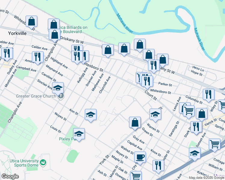 map of restaurants, bars, coffee shops, grocery stores, and more near 931 Brayton Park Place in Utica